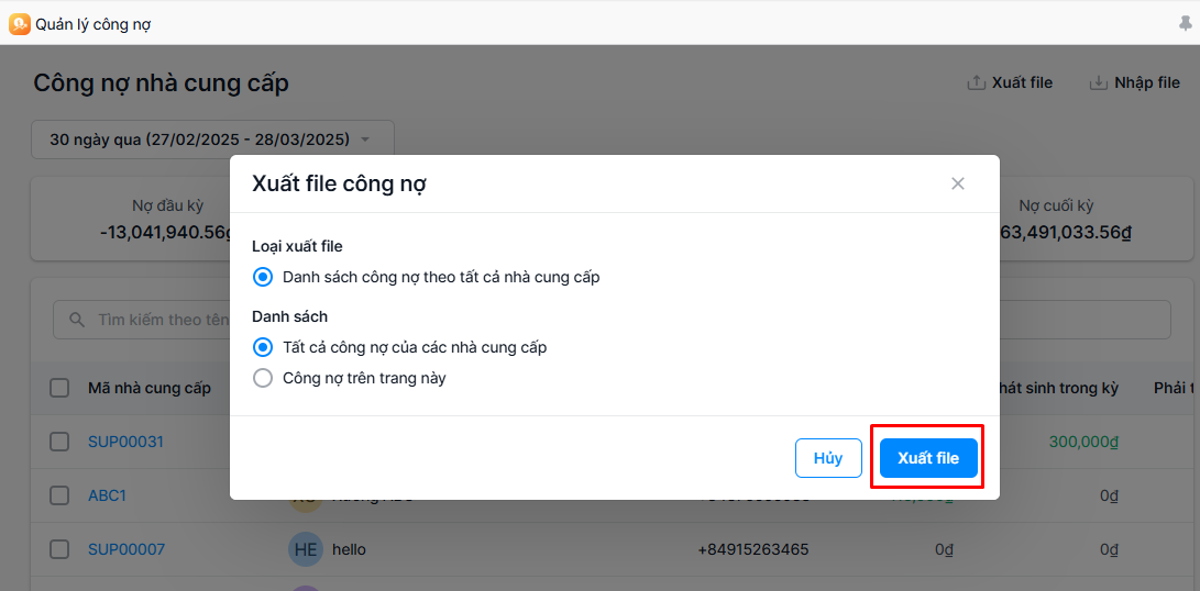 Xuất file công nợ nhà cung cấp